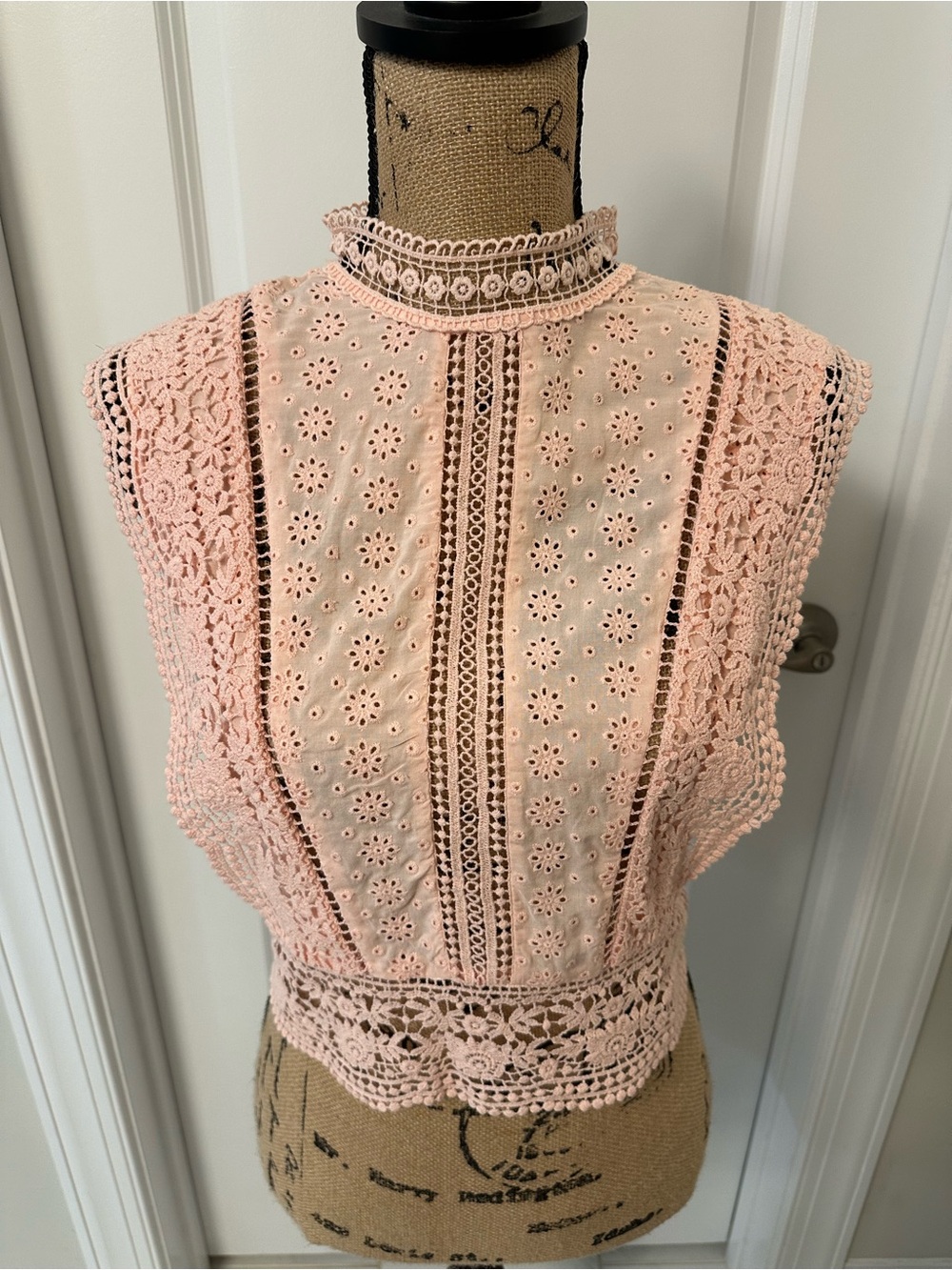 Forever 21 Blush Pink Lace Eyelet Crochet High Neck Tank